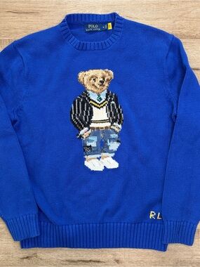 Polo Ralph Lauren Bear Embroidered Blue Cotton Knit Sweater Men's Medium